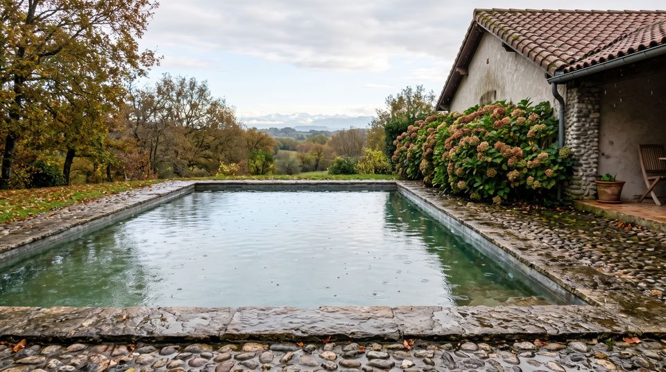 Piscine familiale à la fin d'une averse, margelle en pierre mouillée, haie d'hortensias et Pyrénées pâles à l'horizon