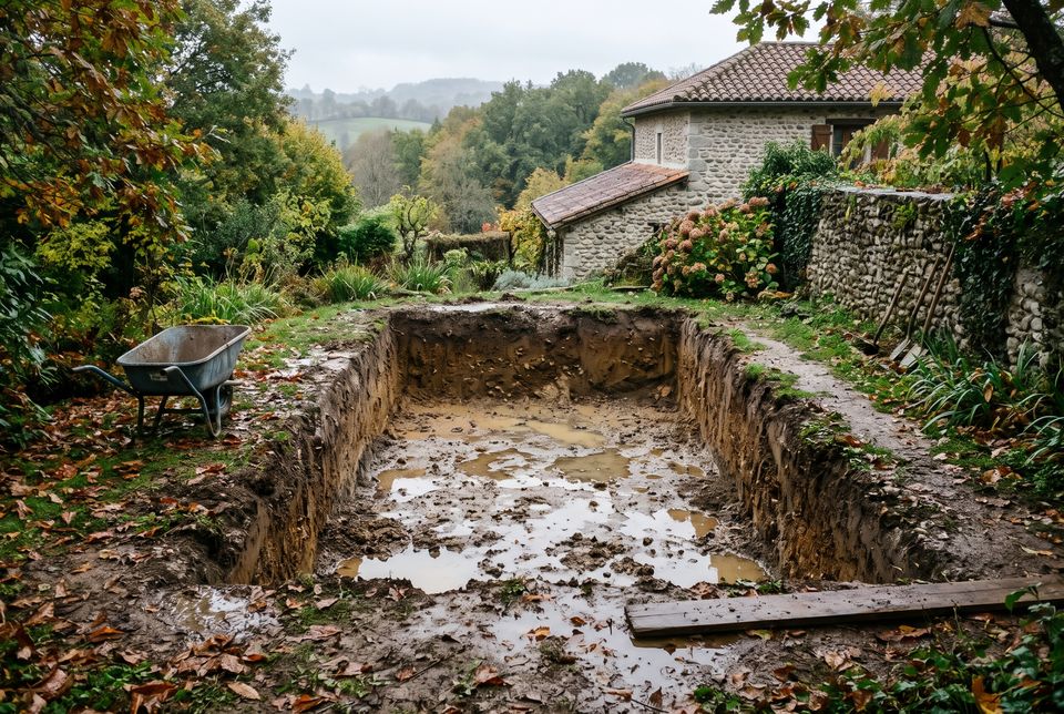 Fouille de piscine fraîchement terrassée dans un jardin, parois de terre brune, flaques au fond après la pluie