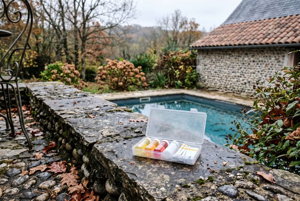 Trousse d'analyse d'eau ouverte sur un rebord en pierre, tubes et bandelettes sans inscription