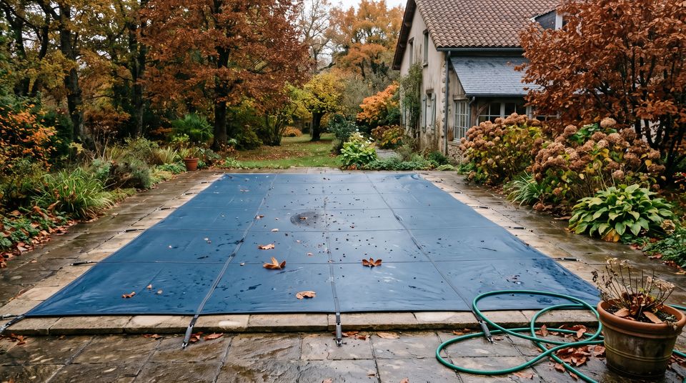 Bâche d'hivernage tendue sur une piscine, quelques feuilles de châtaignier posées dessus
