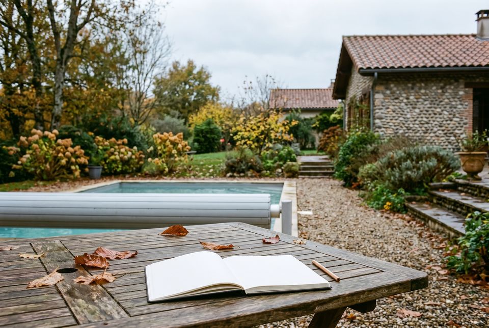 Table de jardin en bois sous un ciel couvert, un carnet ouvert et une bâche de piscine roulée au fond
