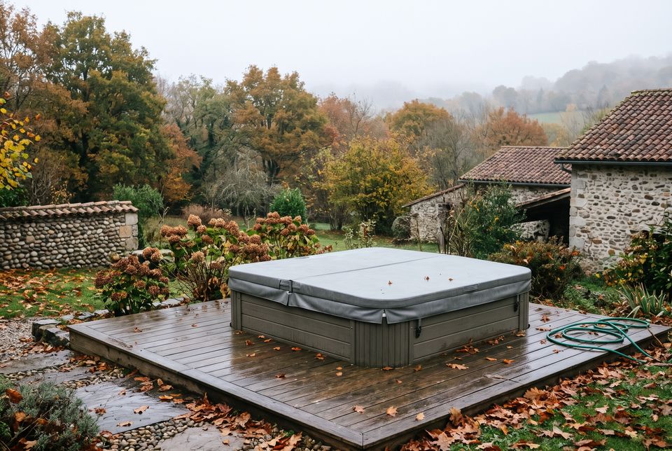 Spa carré à couvercle gris fermé sur une terrasse en bois humide, brume légère, arbres d'automne derrière