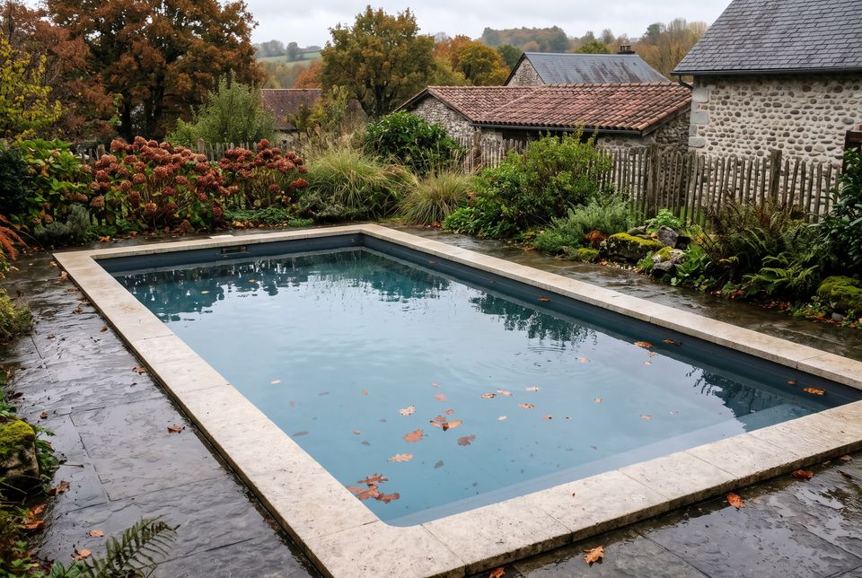 Vue plongeante sur une piscine rectangulaire aux margelles de pierre claire, feuilles d'automne à la surface, jardin humide autour